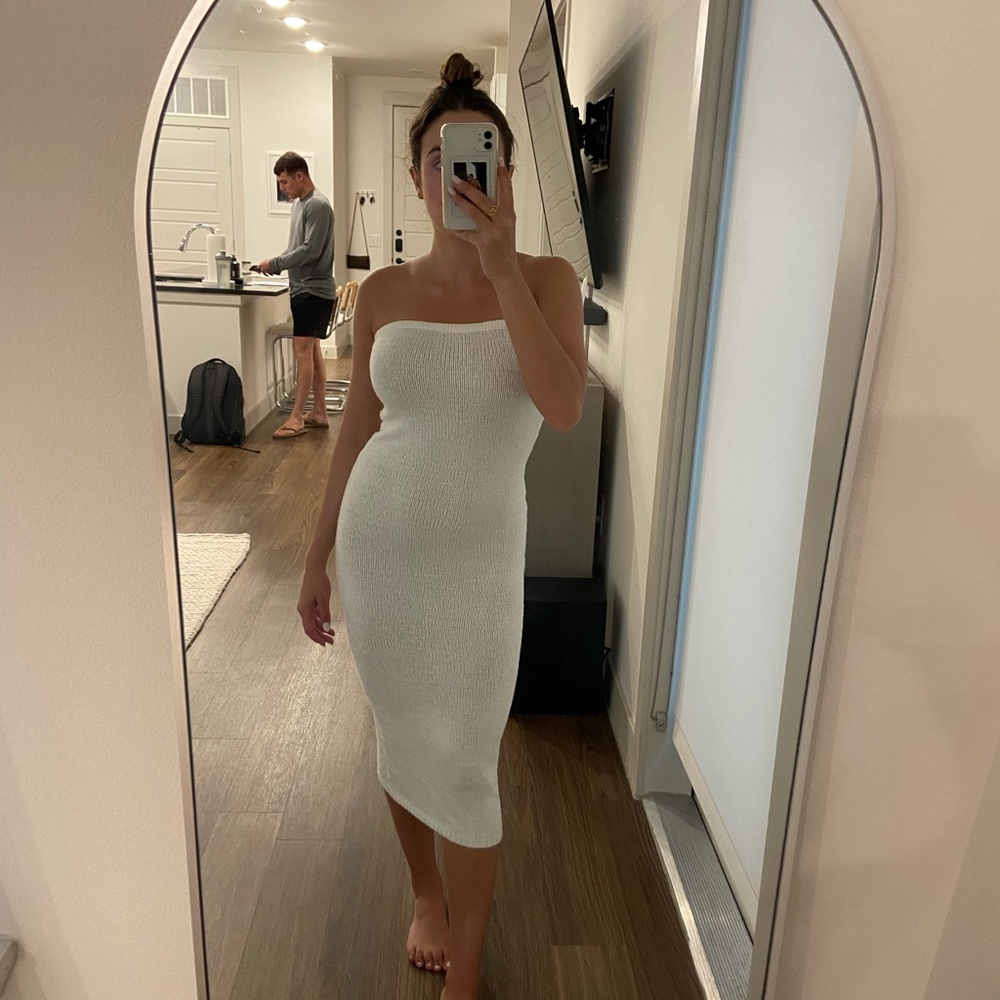 meshki friya strapless tape yarn midi dress in white